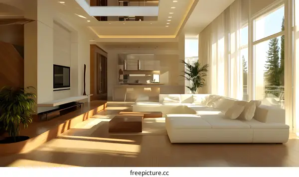 Modern Open Concept Living Room Design With White Sofa And Wooden Floor