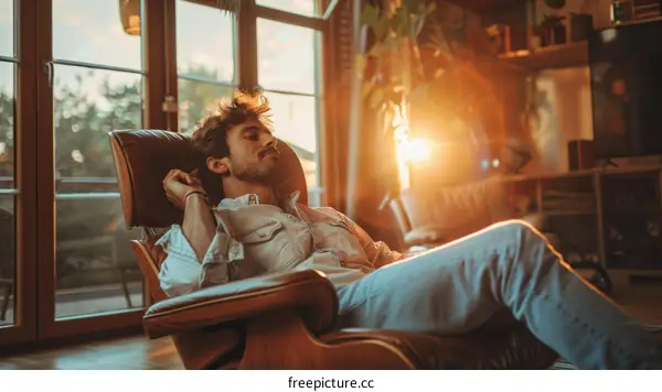Bearded man relaxing in a chair at home enjoying the sunlight