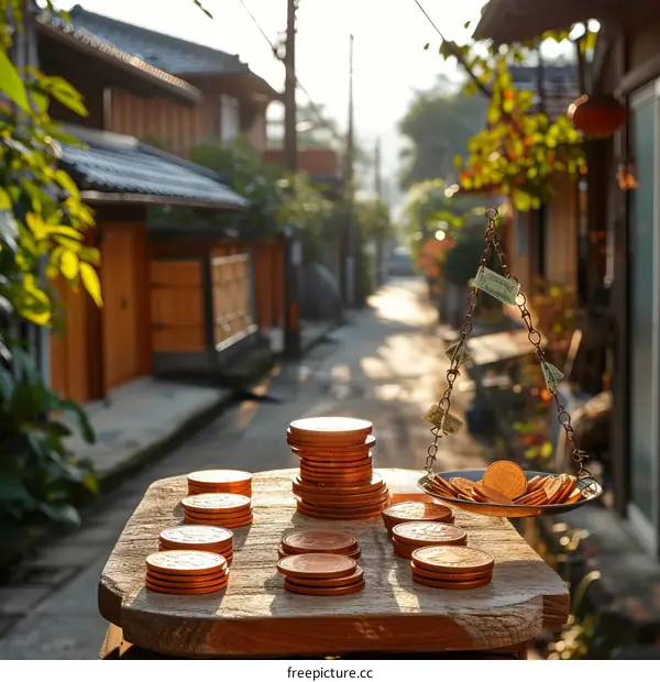 Stacks of copper coins on a wooden table with a balance scale in the background