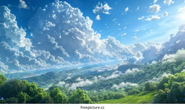 Majestic Mountain Landscape under Azure Skies with Cumulus Clouds