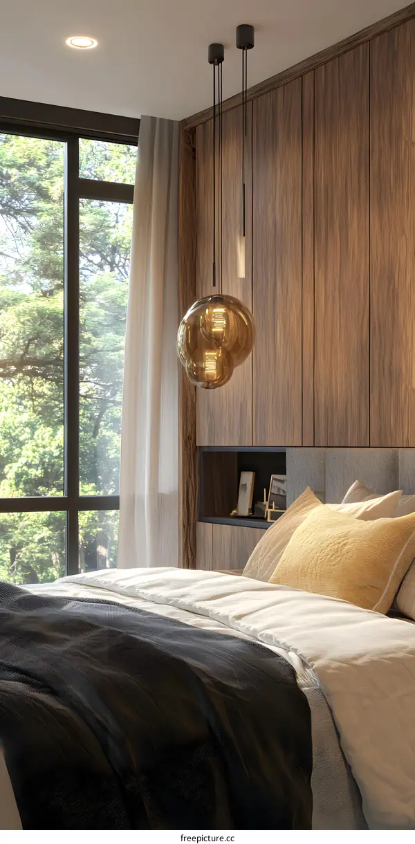 Modern Bedroom Interior Design with Wooden Wall and Glass Pendant Light