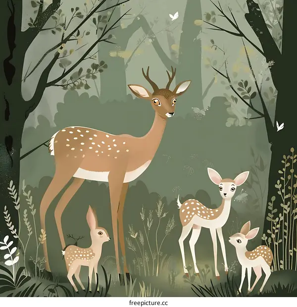Family of Deer in the Forest