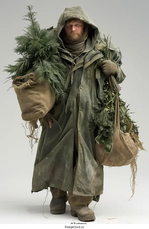 Post-apocalyptic survivor scavenging for food and supplies