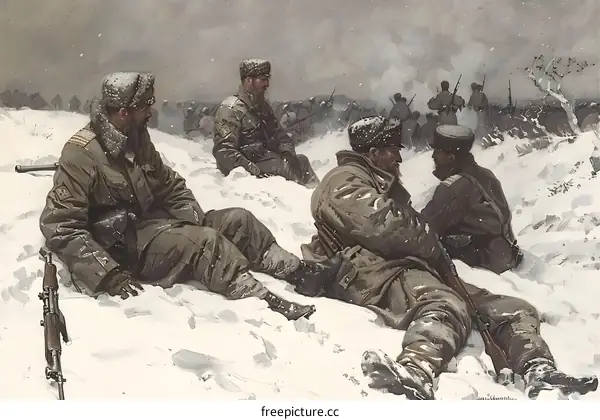 Russian soldiers resting in the snow during World War I