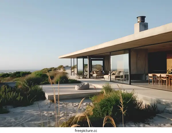 Modern House with Glass Walls in Dunes Near the Beach