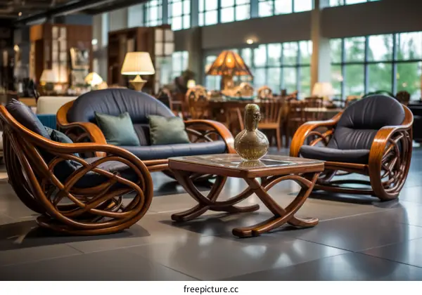 Modern living room furniture with blue leather and wood