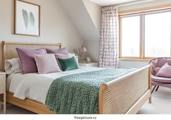 Cozy Bedroom with Woven Bed and Soft Colors