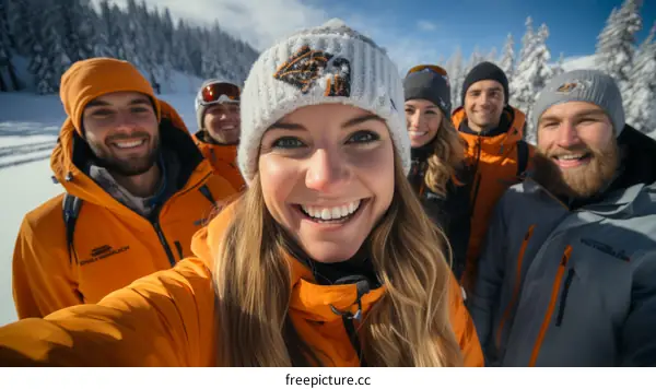Group of friends skiing down a snowy mountain