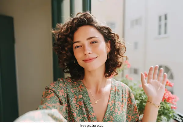 Woman Waving Hello on a Balcony