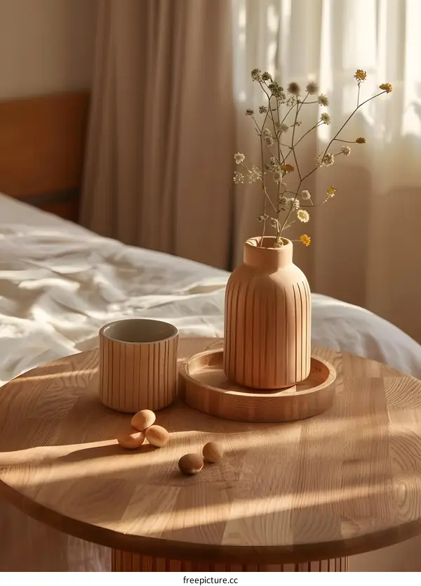 Wooden Vase With Flowers on a Table