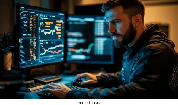 Focused Programmer Working Late Night on Multiple Screens
