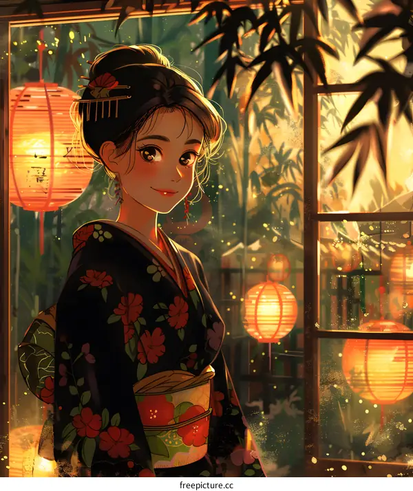 Japanese Woman in Kimono Standing by Window with Lanterns