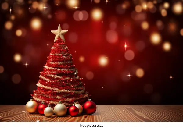 Red and gold Christmas tree with ornaments on a wooden table