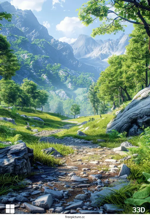 Stunning Mountain Landscape with Lush Greenery and Towering Rock Formations