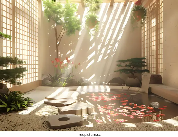 Japanese Garden With Hot Spring And Sunbeams