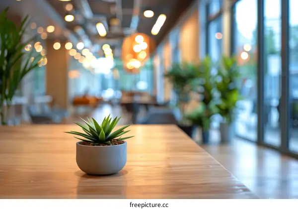 A potted plant sits on a wooden table in a modern office space