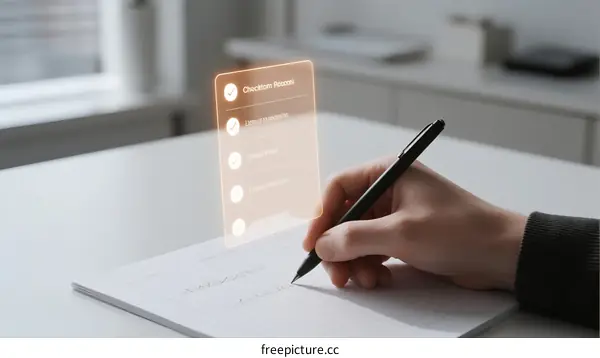 Person Writing Notes with Digital Interface on Notebook
