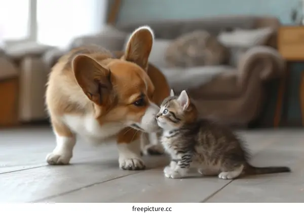 A Pembroke Welsh Corgi and a kitten are curiously sniffing each other
