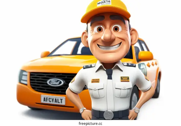 Happy cartoon character standing in front of a car