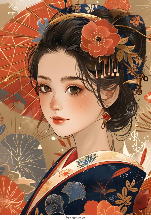 A beautiful Japanese woman wearing a kimono and holding an umbrella.