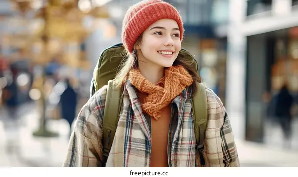 Smiling Teenage Girl Traveler in City