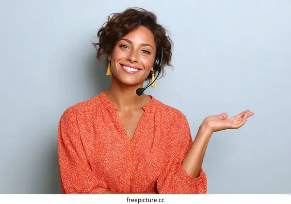 Smiling Customer Service Representative Presenting