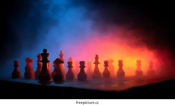 Chess Pieces on Board in Smoky Atmosphere