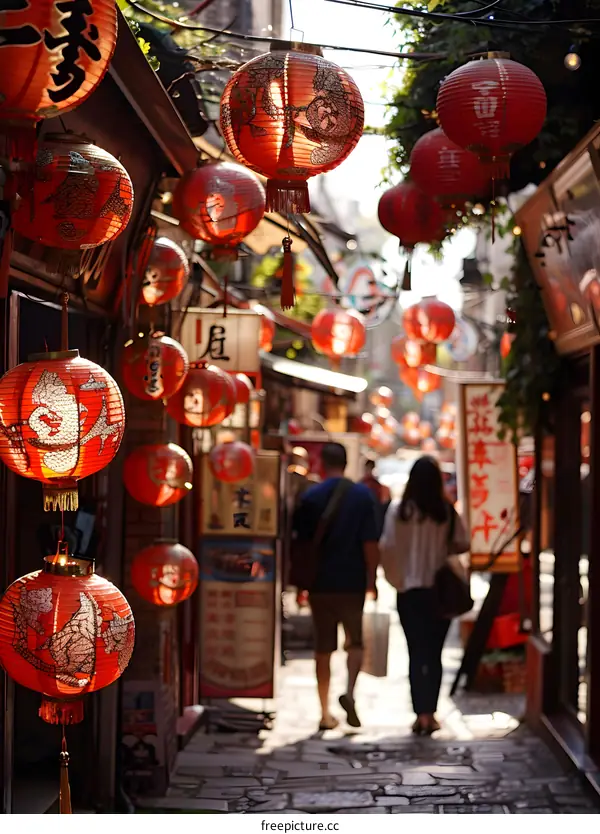 Couple Walking Down a Lantern Lit Street