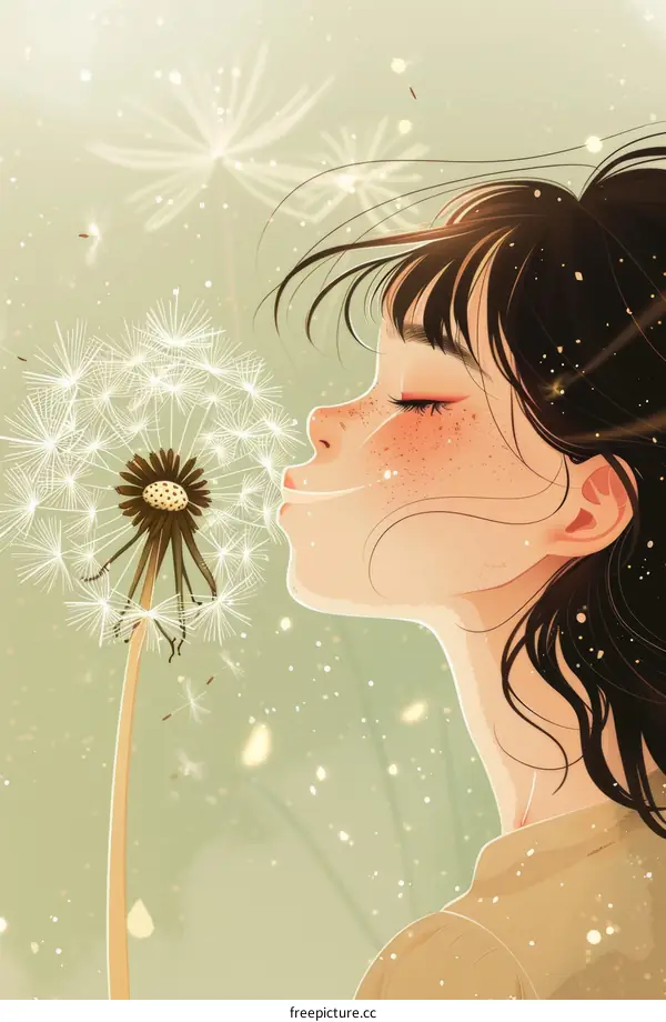 A Young Girl Blowing a Dandelion Flower, Making a Wish