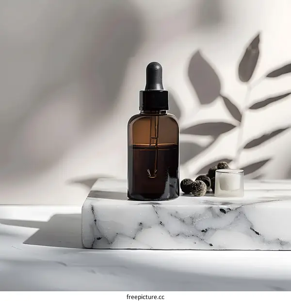 Close-up of dropper bottle with pipette and organic oil or serum on marble podium against white background with shadows from leaves