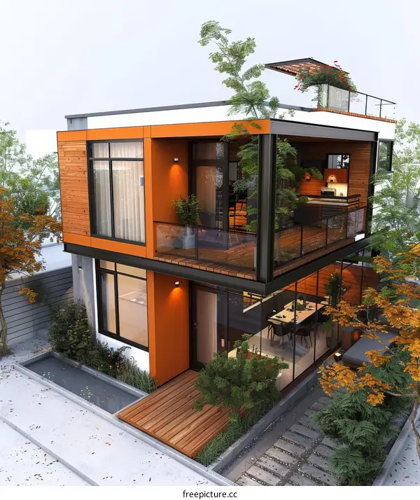 Modern Two-Story House Exterior Design Illustration