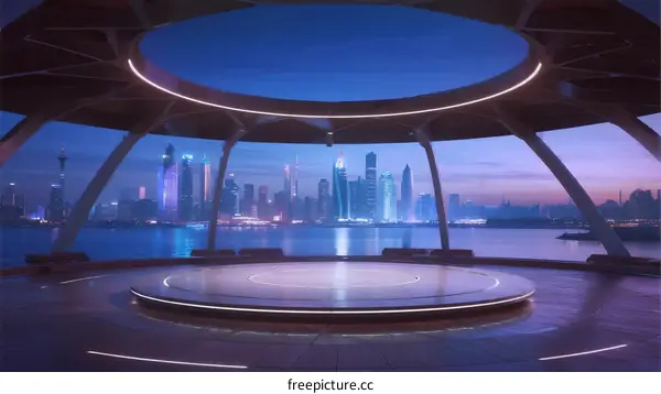 Futuristic Circular Stage Overlooking Modern City Skyline