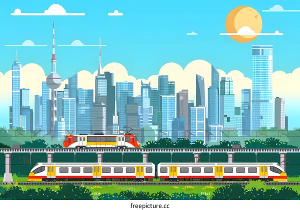 Train Traveling Through A City Skyline
