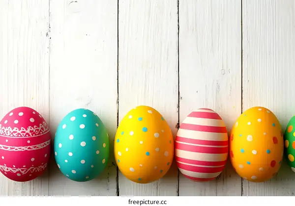 Colorful Easter Eggs on White Wooden Background
