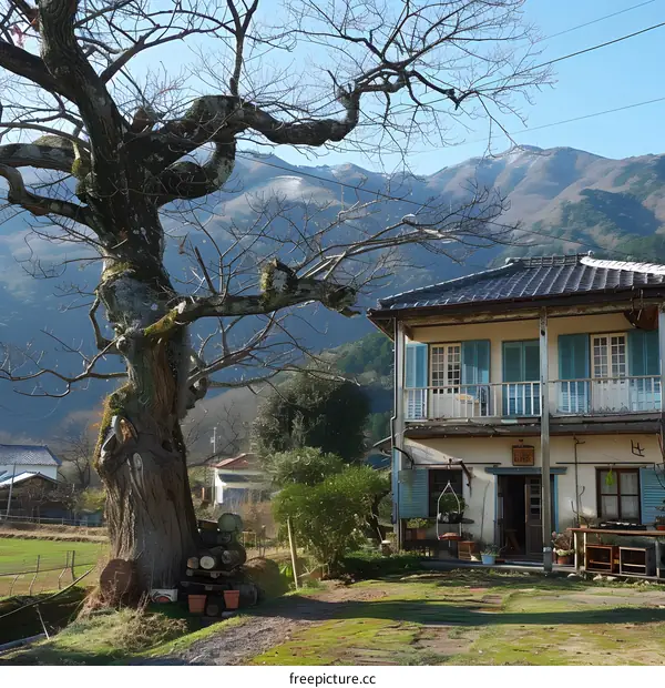Old House with a Tree in Front and Mountains in the Background