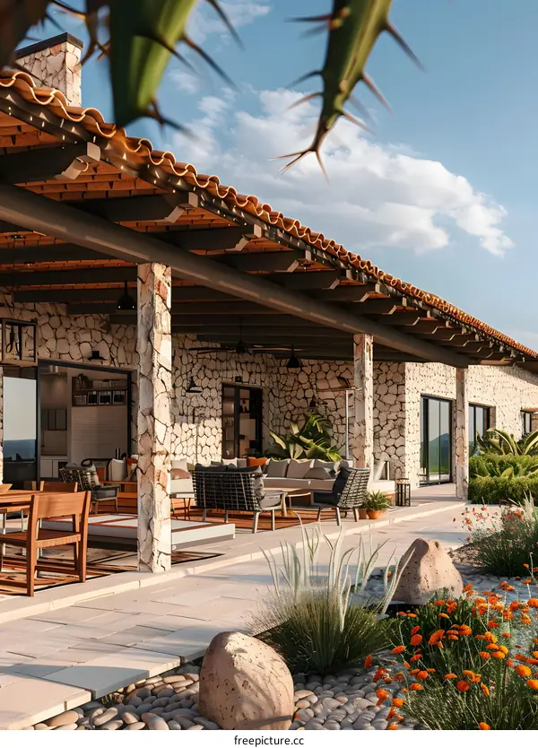 Modern Stone House Patio with Tropical Plants