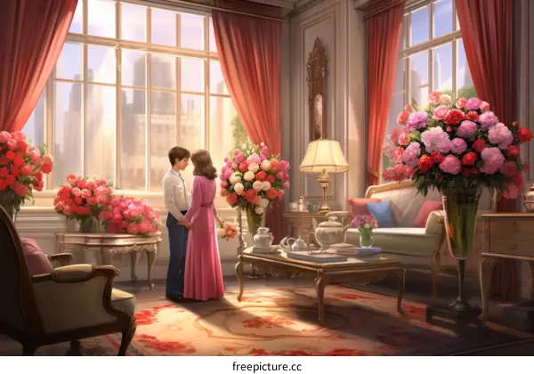 A couple is standing in a room full of flowers.