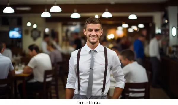 Young waiter standing in a restaurant