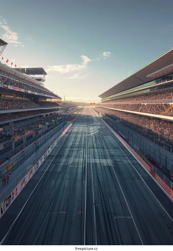 A long and empty racetrack with grandstands on both sides