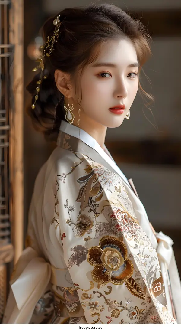 Elegant Asian Woman in Traditional Hanbok Dress with Floral Embroidery