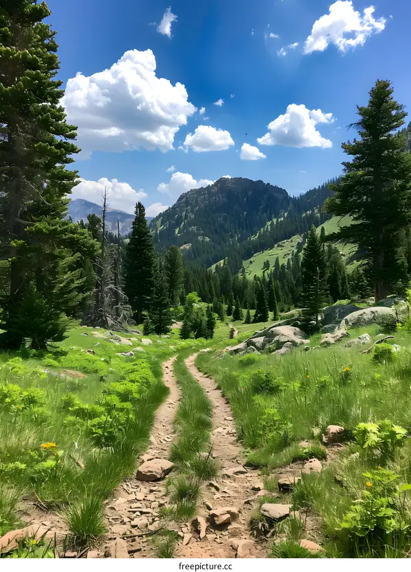 mountain hiking trail through a lush green valley