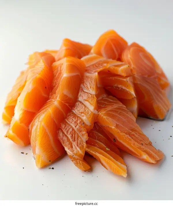 Freshly sliced raw salmon fillet isolated on white background