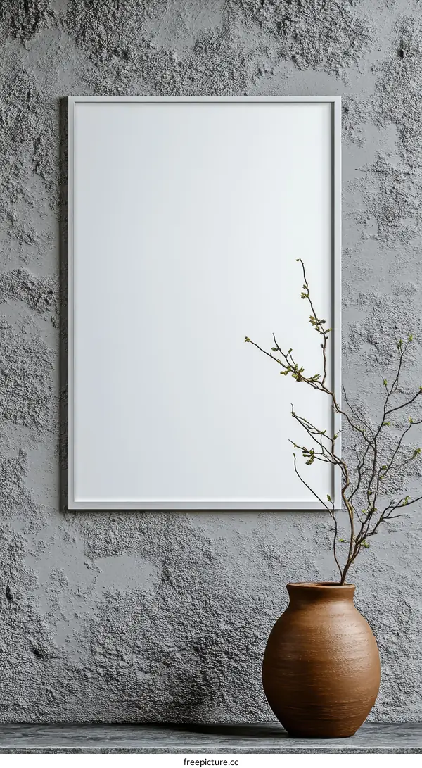 Blank Frame Mockup on Gray Concrete Wall with Vase