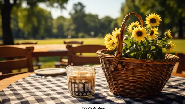 A picnic on the wooden table with sunflowers and honey