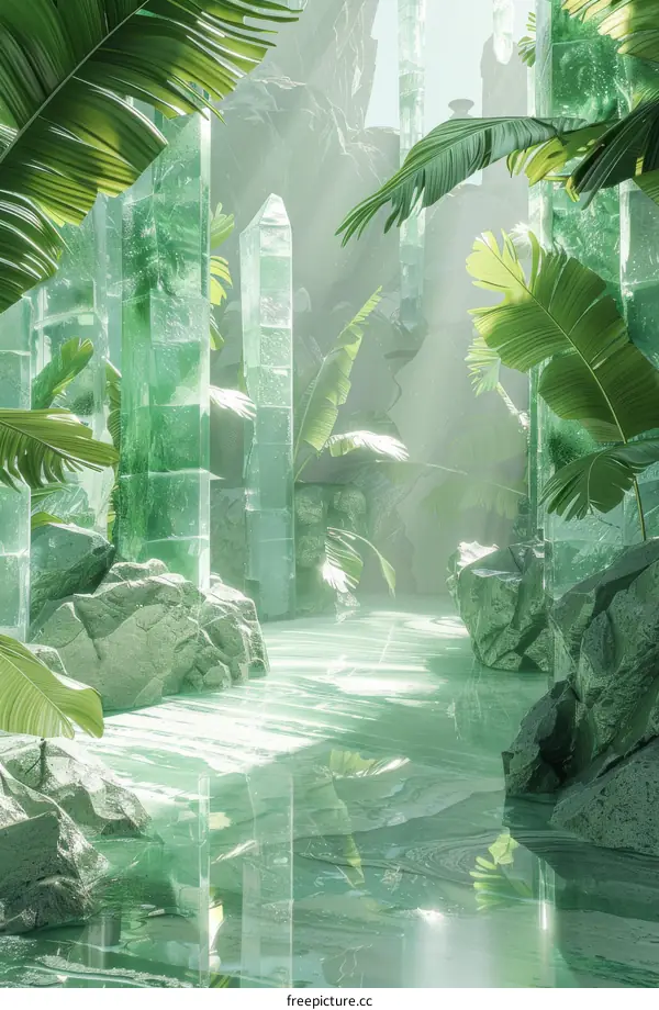 Abstract Green Landscape With Crystal Pillars