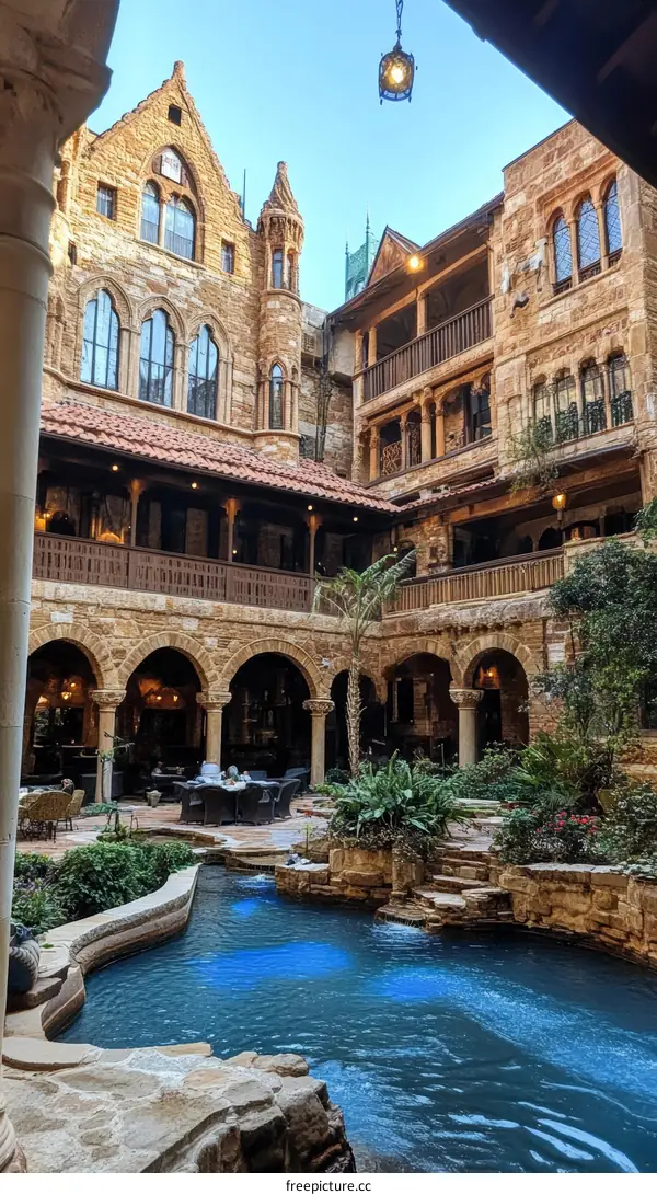 Intricate Courtyard Pool with Medieval Architecture