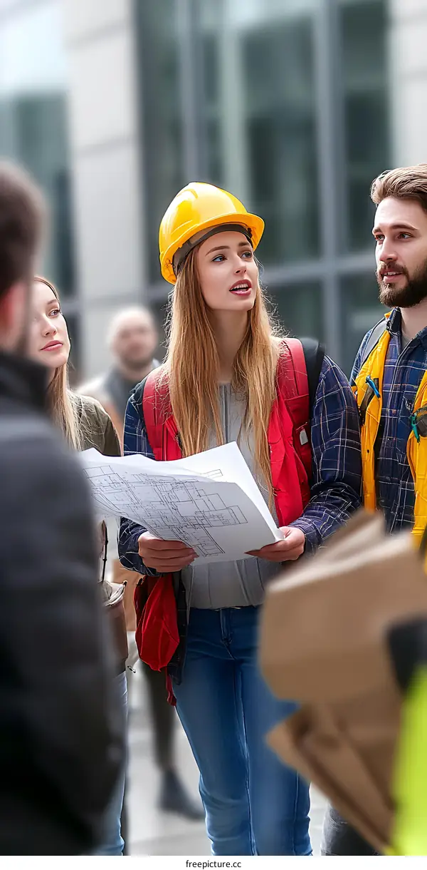 Construction Workers Discuss Plans on a Building Site