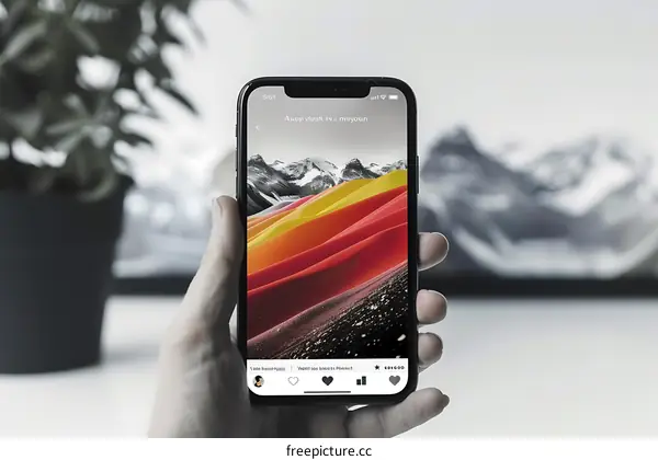 Hand Holding Smartphone with Landscape Photo on Screen