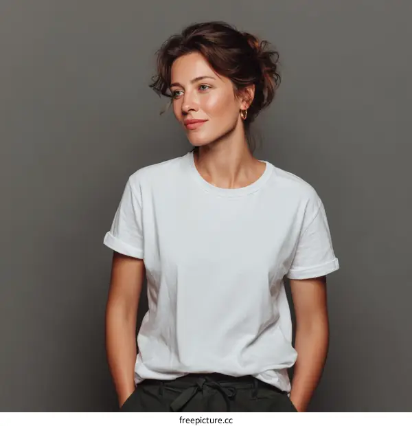 Woman in a Blank White T-Shirt and Dark Pants