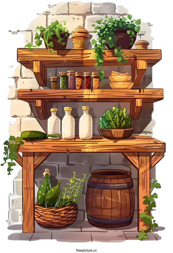 [Transparent Background PNG]Wooden Shelves With Herbs And Jars